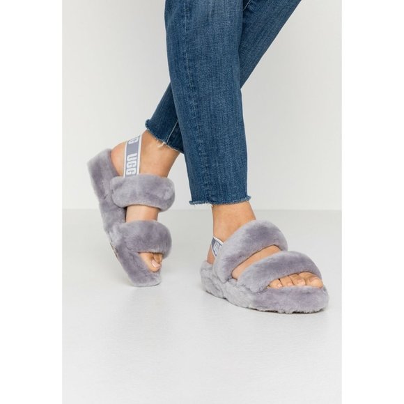 UGG Shoes - UGG Oh Yeah Fluffy Gray Slide Sandals Size 8 39